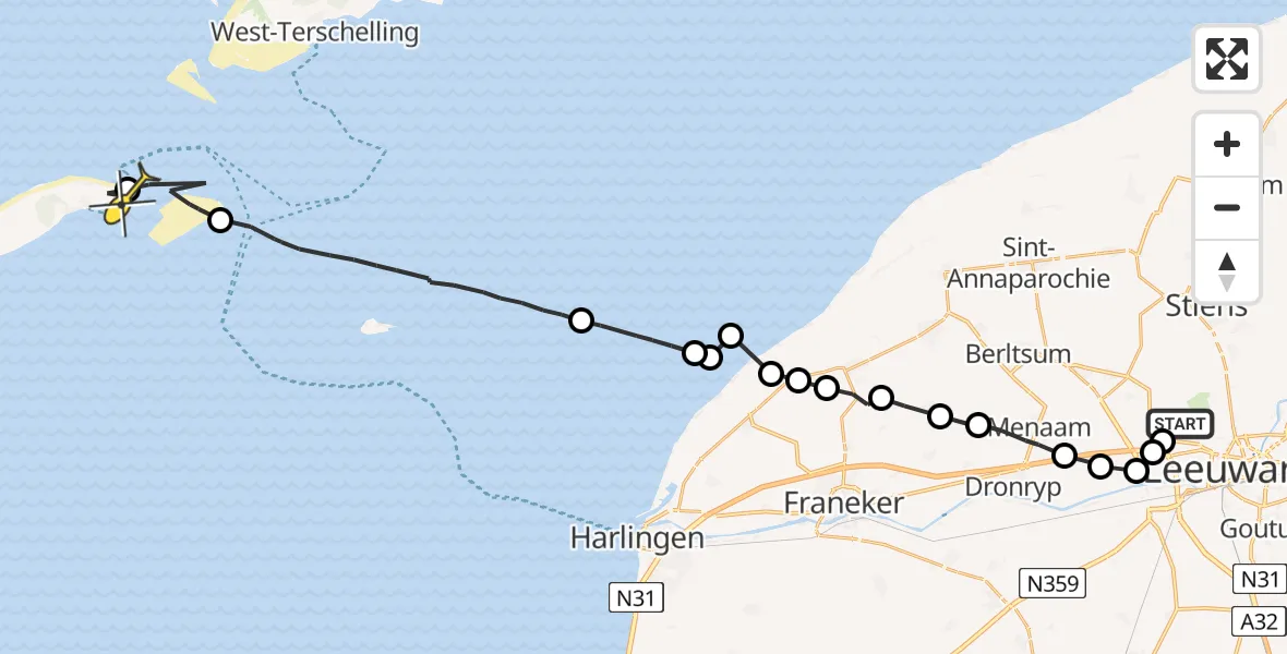 Routekaart van de vlucht: Ambulanceheli naar Vlieland Heliport, Ljouwerterdyk