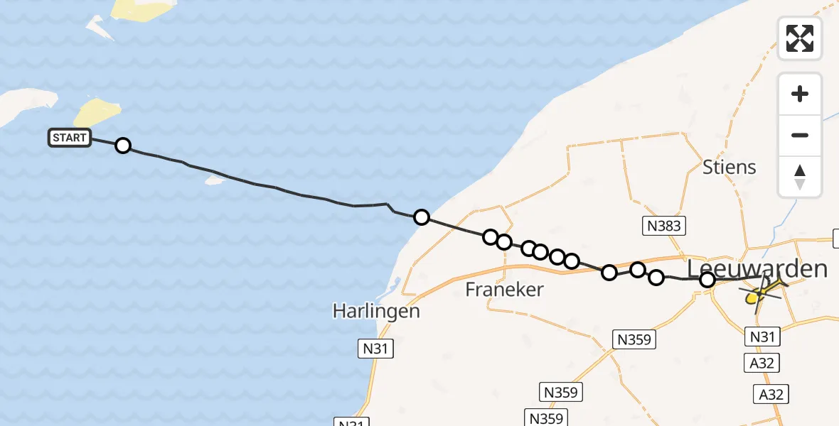 Routekaart van de vlucht: Ambulanceheli naar Leeuwarden, Oostergoweg