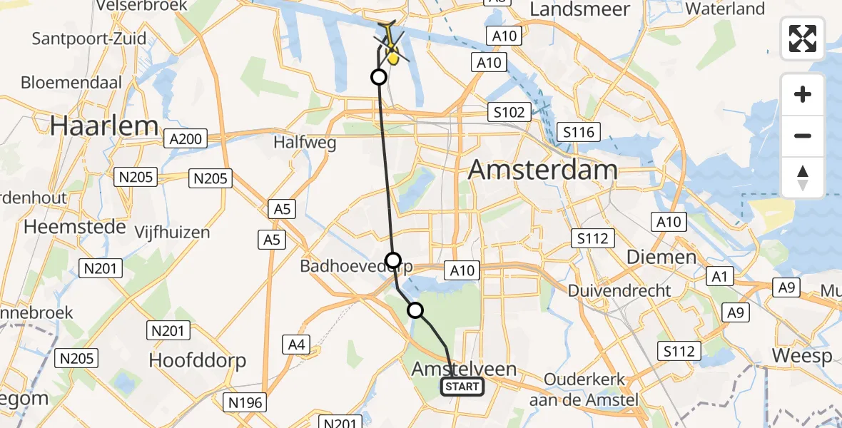 Routekaart van de vlucht: Lifeliner 1 naar Amsterdam Heliport, De Poel