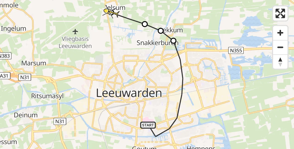 Vluchtroute Ambulancehelikopter van Leeuwarden naar Vliegbasis Leeuwarden
