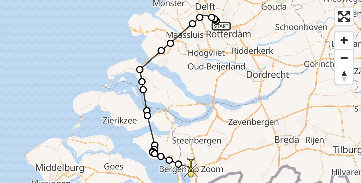 Routekaart van de vlucht: Politieheli naar Bergen op Zoom, Thomas de Rouckstraat