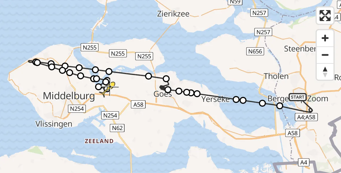 Routekaart van de vlucht: Politieheli naar Vliegveld Midden-Zeeland, Van Konijnenburgweg