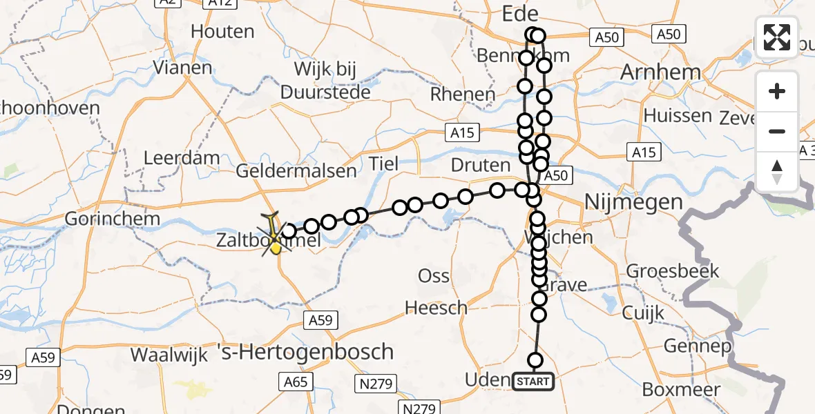 Routekaart van de vlucht: Lifeliner 3 naar Zaltbommel, Millsebaan