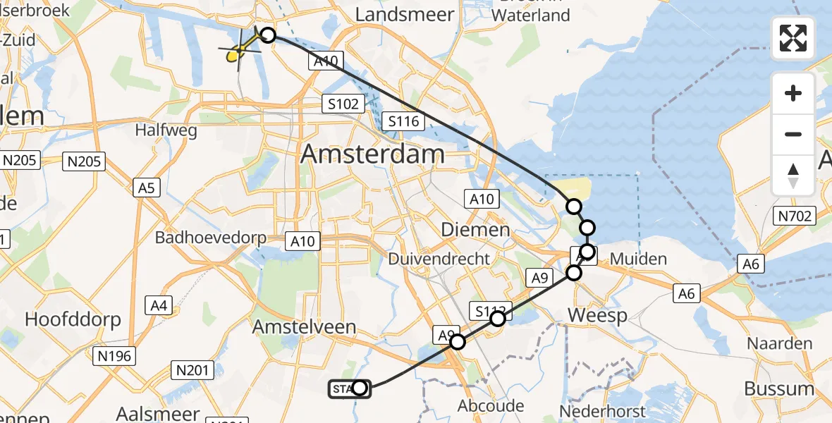 Routekaart van de vlucht: Lifeliner 1 naar Amsterdam Heliport, Meent Sloot