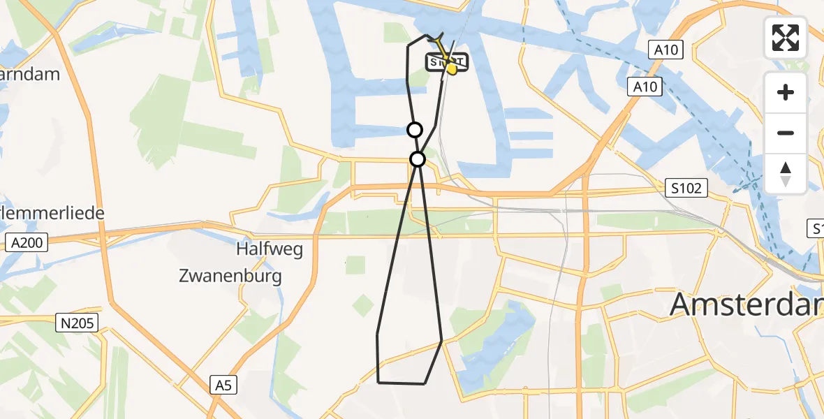 Routekaart van de vlucht: Lifeliner 1 naar Amsterdam Heliport, Nieuw-Zeelandweg