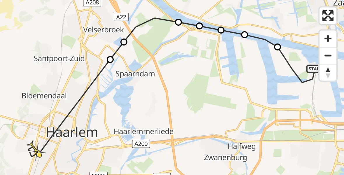 Routekaart van de vlucht: Lifeliner 1 naar Haarlem, Amerikahavenweg