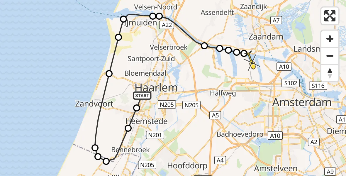 Routekaart van de vlucht: Lifeliner 1 naar Amsterdam Heliport, Van Kempenhof