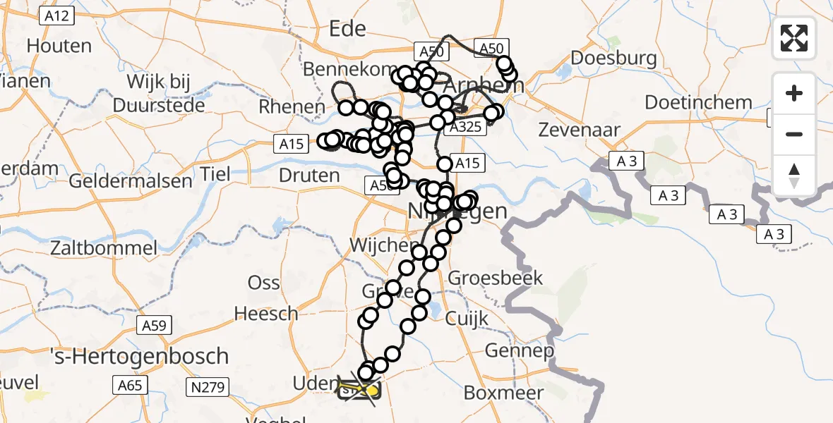 Routekaart van de vlucht: Politieheli naar Vliegbasis Volkel, Zeelandsedijk