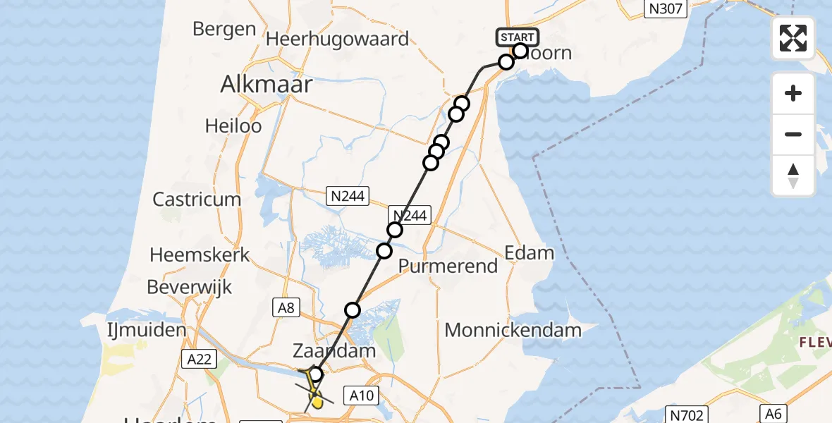 Routekaart van de vlucht: Lifeliner 1 naar Amsterdam Heliport, Koperslager