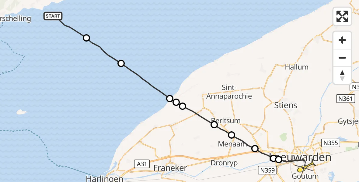 Routekaart van de vlucht: Ambulanceheli naar Leeuwarden, Borniastraat