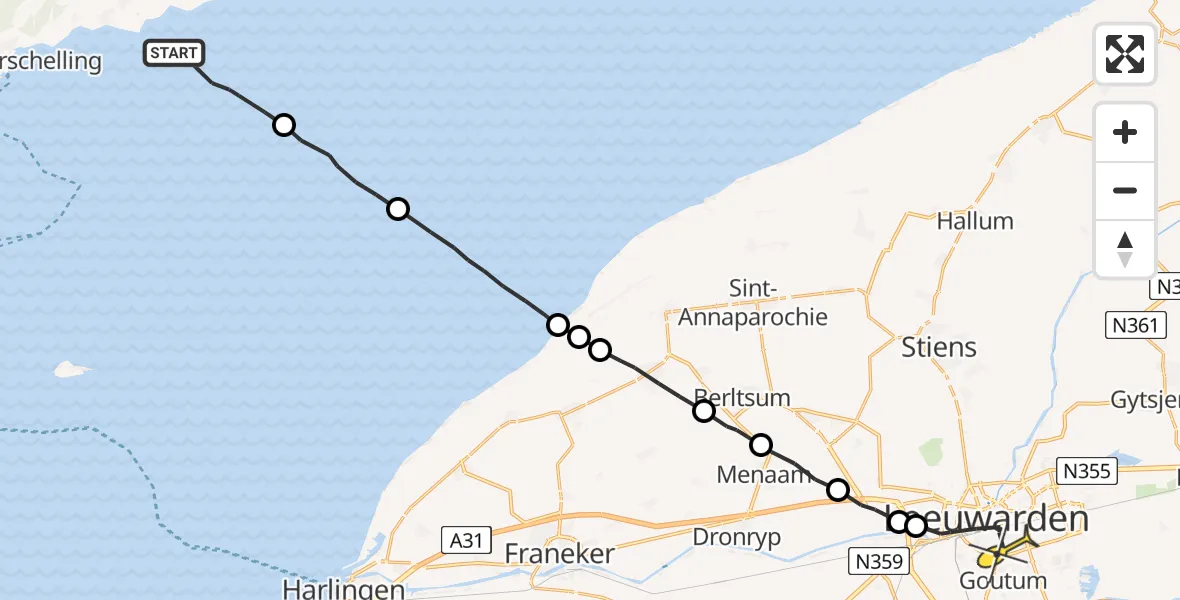 Routekaart van de vlucht: Ambulancehelikopter naar Leeuwarden, Borniastraat