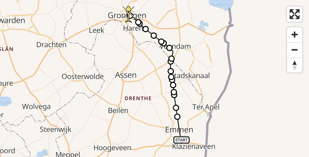 Routekaart van de vlucht: Lifeliner 4 naar Universitair Medisch Centrum Groningen, Toermalijndreef