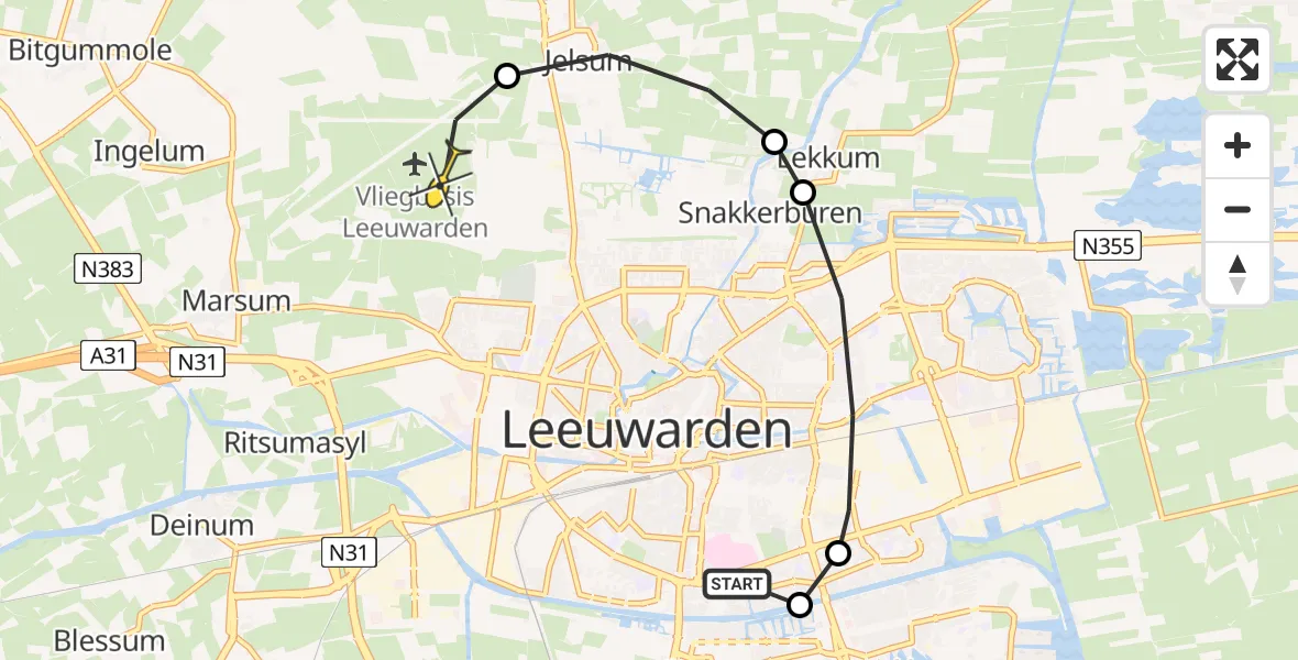 Vluchtroute Ambulancehelikopter van Leeuwarden naar Vliegbasis Leeuwarden