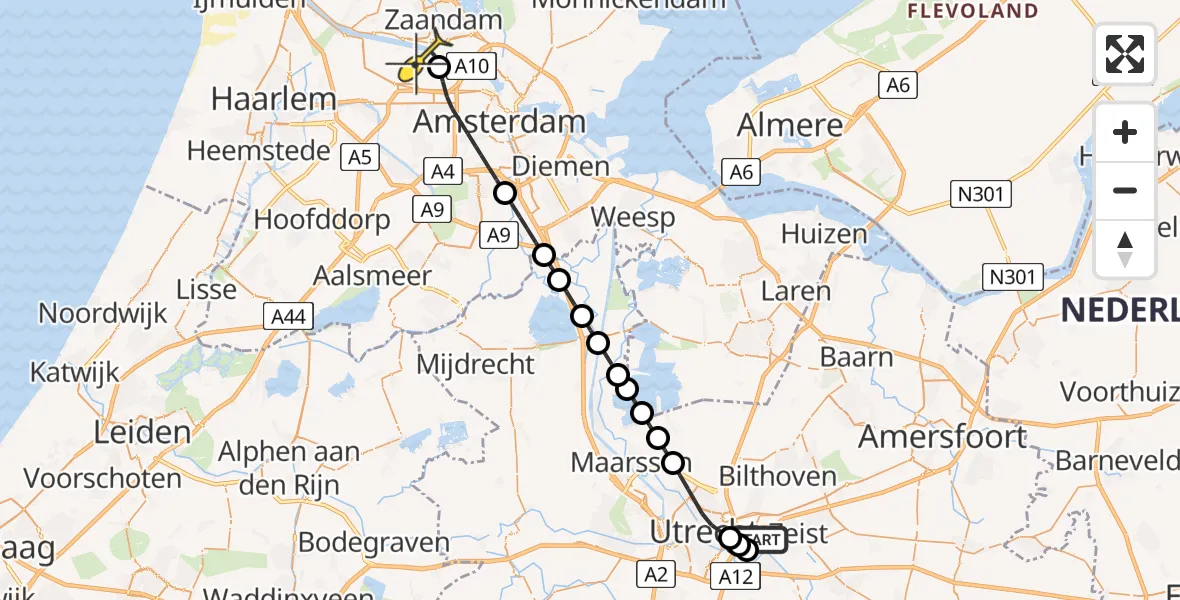 Routekaart van de vlucht: Lifeliner 1 naar Amsterdam Heliport, Hoge Bospad