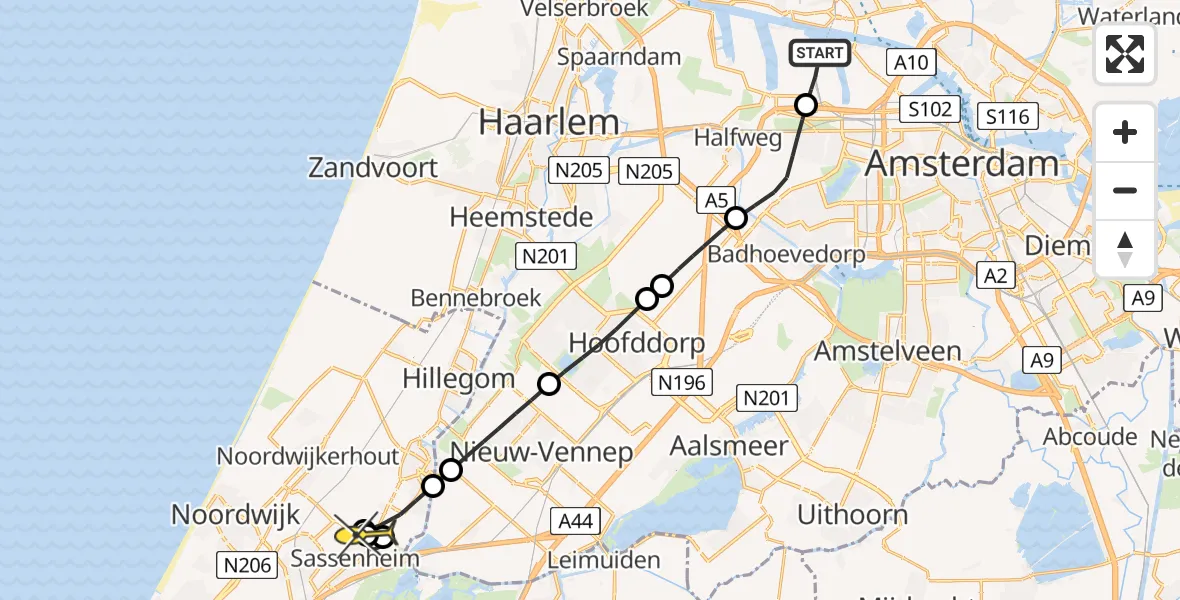 Routekaart van de vlucht: Lifeliner 1 naar Sassenheim, Nieuw-Zeelandweg