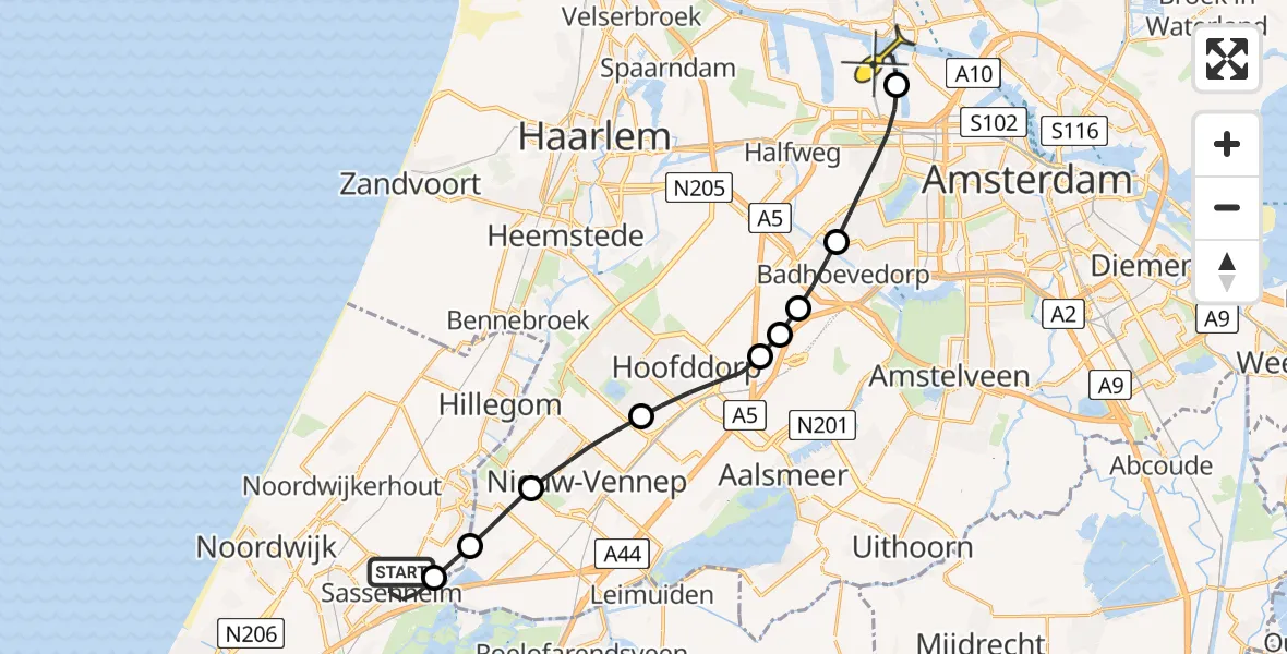 Routekaart van de vlucht: Lifeliner 1 naar Amsterdam Heliport, Hoofdstraat