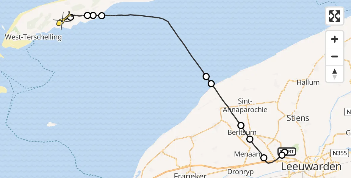 Routekaart van de vlucht: Ambulanceheli naar Midsland, Franjumbuorsterpaed