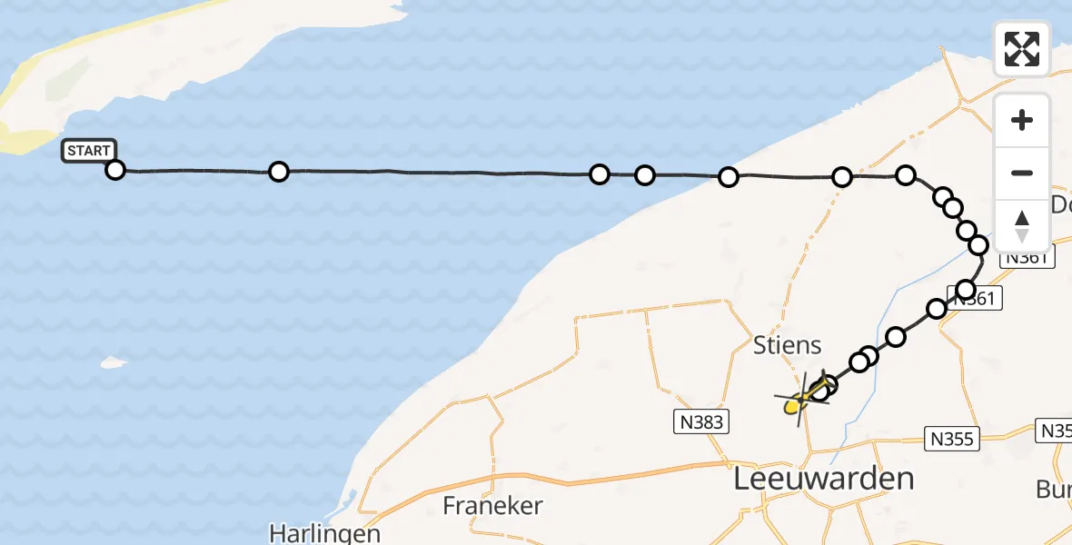 Routekaart van de vlucht: Ambulanceheli naar Jelsum, Groote Plaat