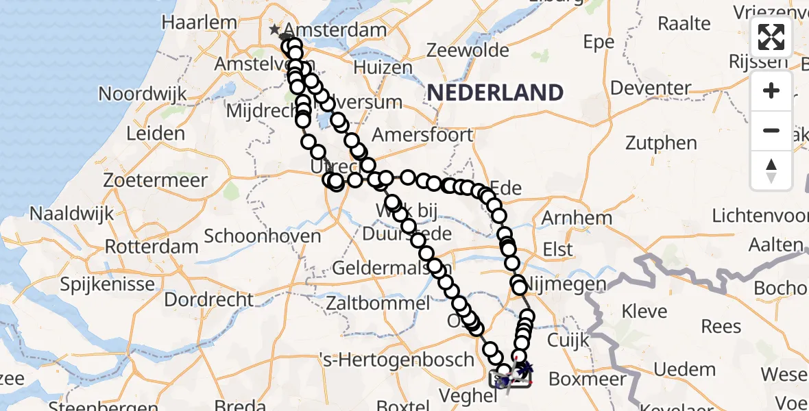 Vluchtroute Politiehelikopter van Vliegbasis Volkel naar Vliegbasis Volkel