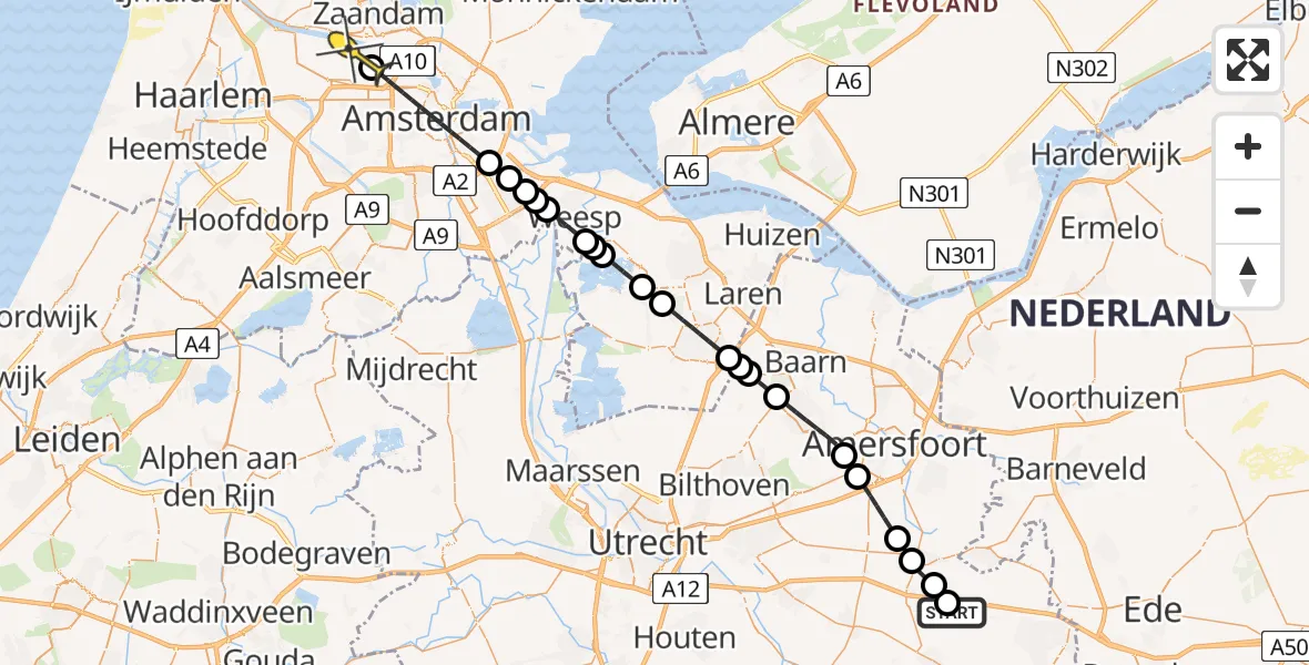 Routekaart van de vlucht: Lifeliner 1 naar Amsterdam Heliport, Woudenbergse Grift