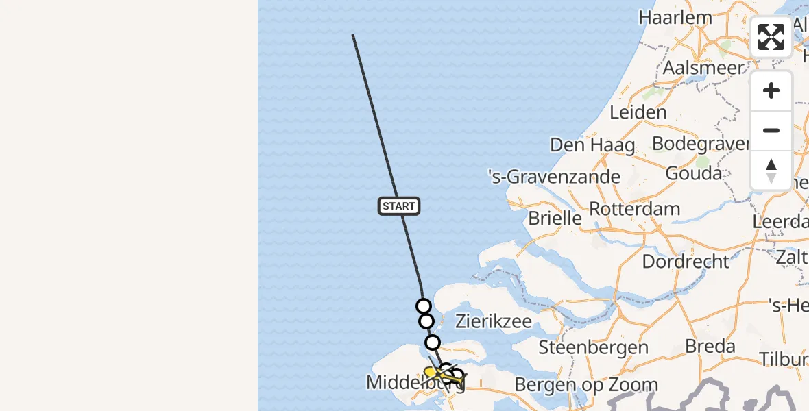 Routekaart van de vlucht: Kustwachthelikopter naar Vliegveld Midden-Zeeland, Calandweg