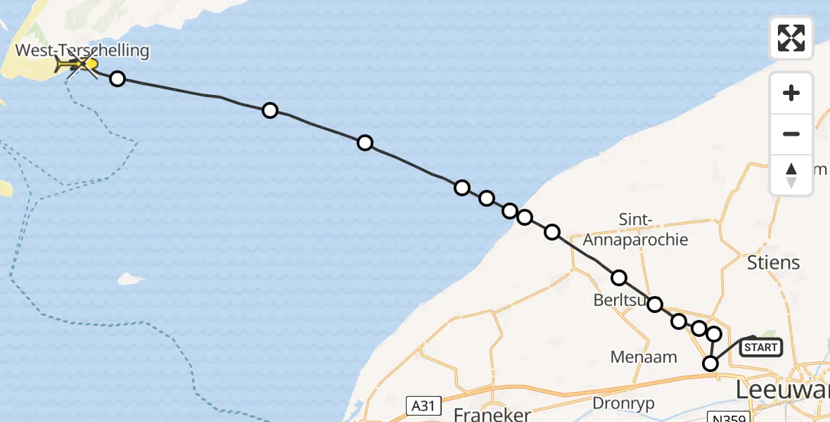 Routekaart van de vlucht: Ambulanceheli naar West-Terschelling, Keegsdijkje