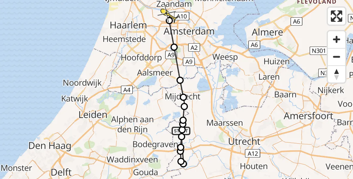 Routekaart van de vlucht: Lifeliner 1 naar Amsterdam Heliport, Hoofdweg