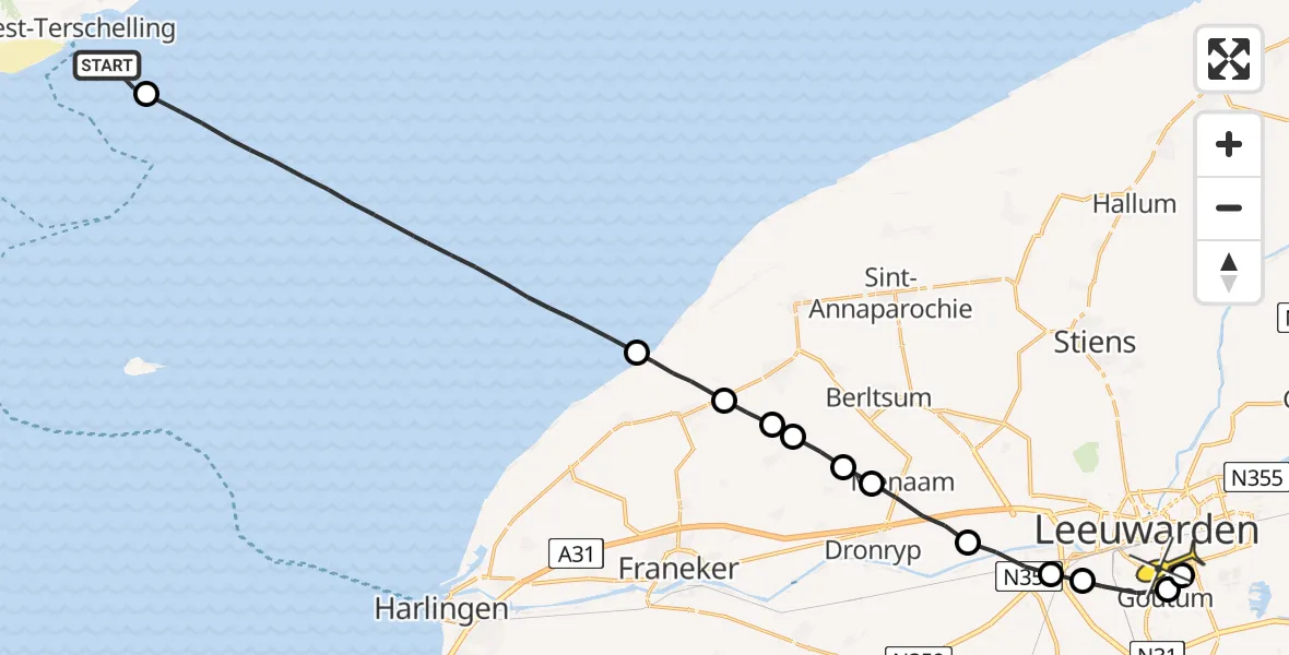 Routekaart van de vlucht: Ambulanceheli naar Leeuwarden, Groote Plaat