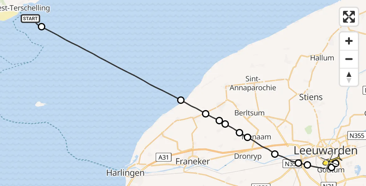 Routekaart van de vlucht: Ambulancehelikopter naar Leeuwarden, Groote Plaat