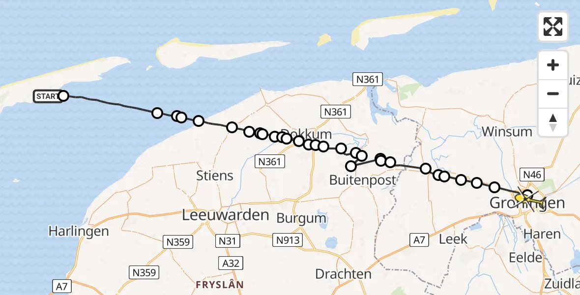 Routekaart van de vlucht: Ambulanceheli naar Universitair Medisch Centrum Groningen, Lancasterdijk