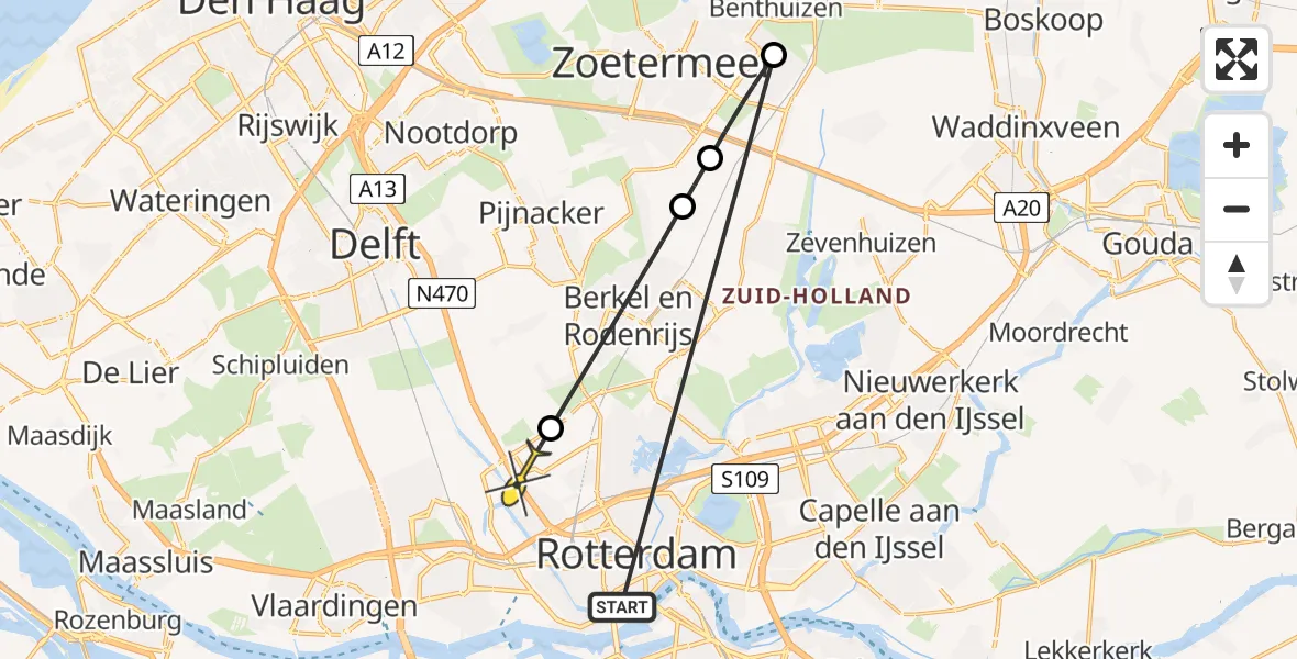 Routekaart van de vlucht: Lifeliner 1 naar Rotterdam The Hague Airport, Rhoonstraat