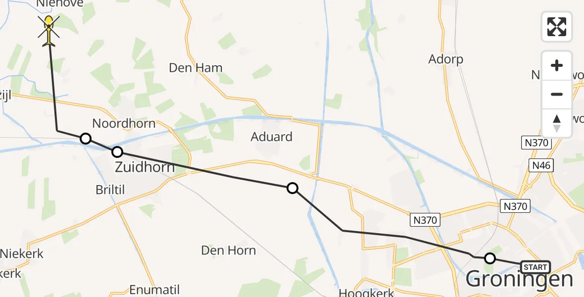 Routekaart van de vlucht: Ambulancehelikopter naar Niehove, Kruissingel