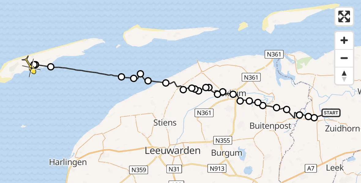 Routekaart van de vlucht: Ambulanceheli naar Midsland, Zuiderried