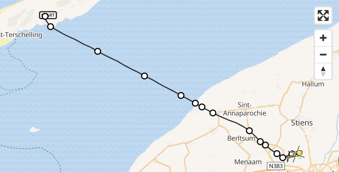 Routekaart van de vlucht: Ambulanceheli naar Vliegbasis Leeuwarden, Stortumerdijk