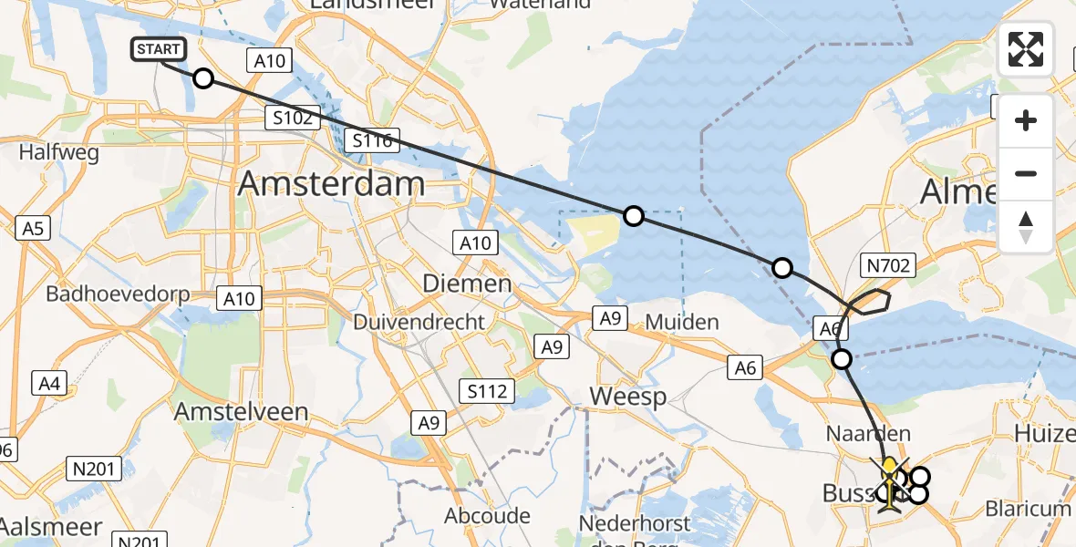 Routekaart van de vlucht: Lifeliner 1 naar Bussum, Westhaven