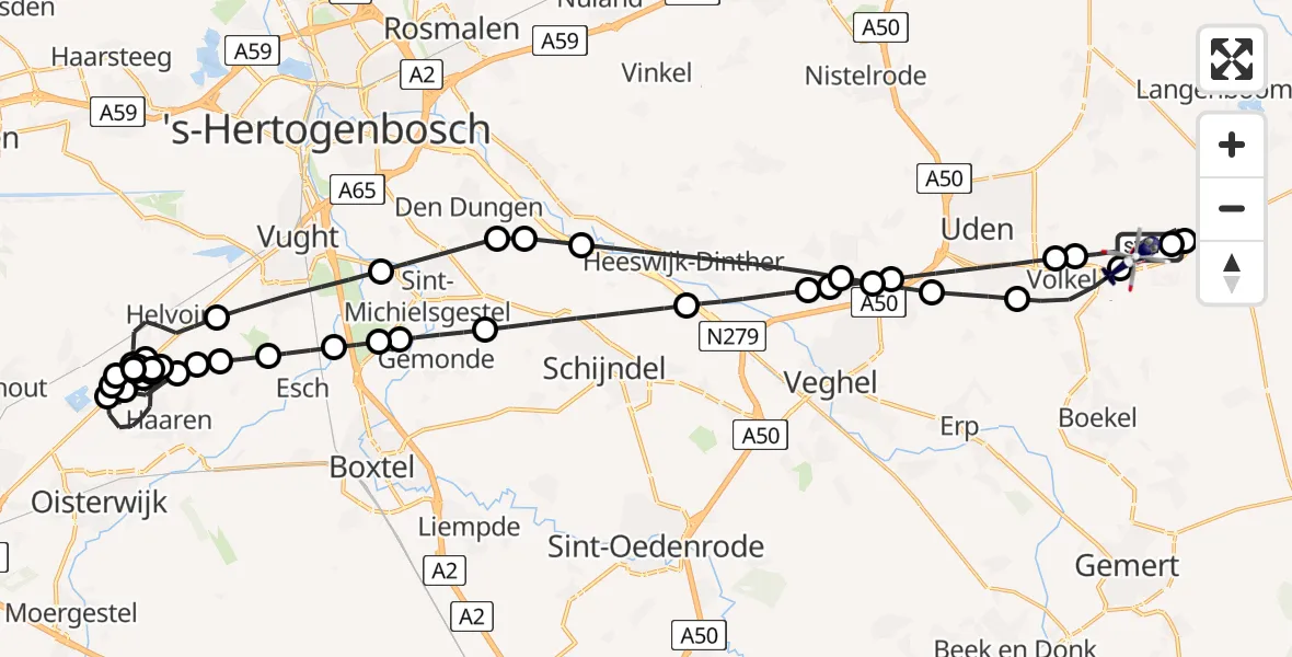 Vluchtroute Politiehelikopter van Vliegbasis Volkel naar Vliegbasis Volkel