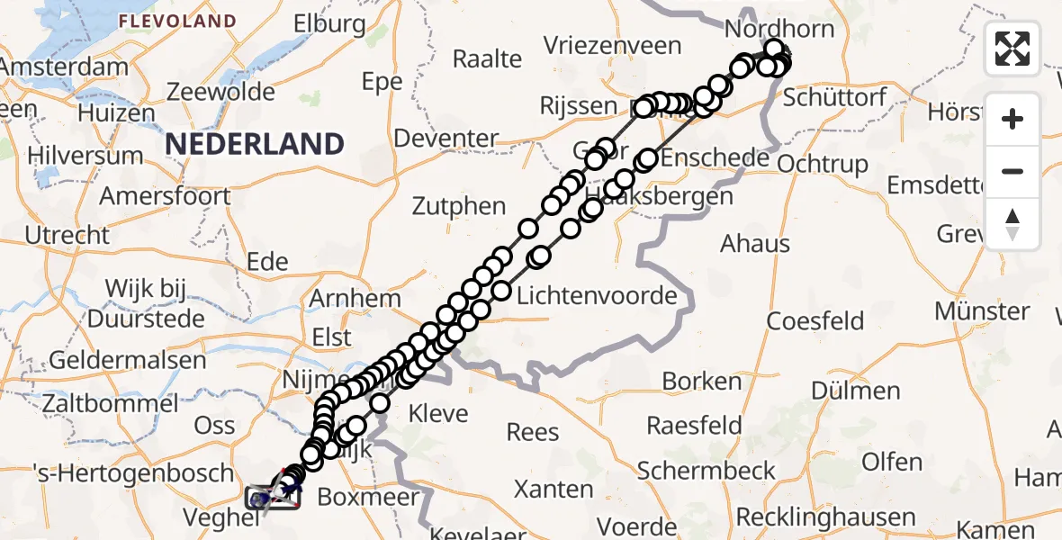 Vluchtroute Politiehelikopter van Vliegbasis Volkel naar Vliegbasis Volkel