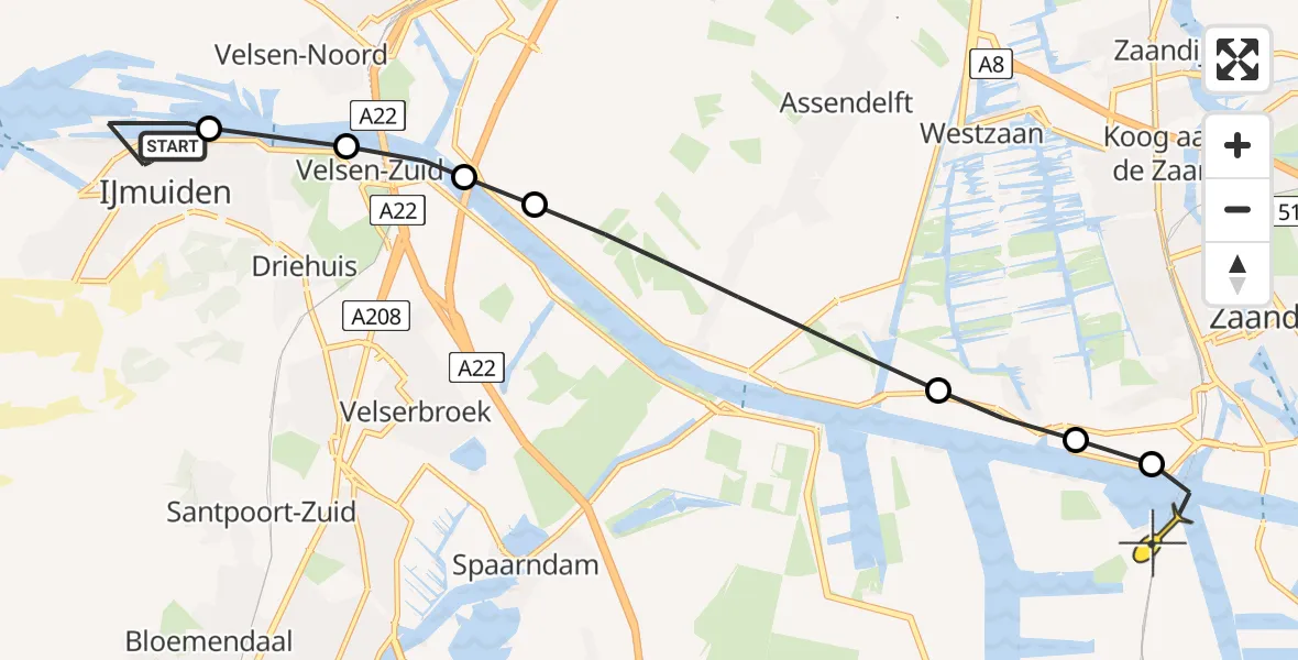 Routekaart van de vlucht: Lifeliner 1 naar Amsterdam Heliport, Sluiseiland