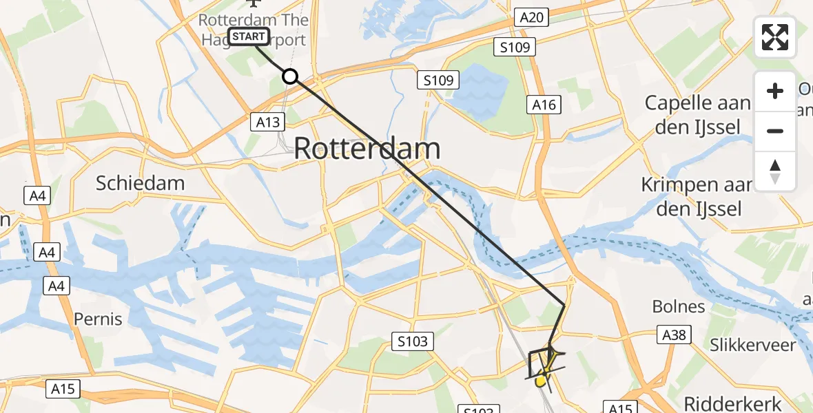 Routekaart van de vlucht: Lifeliner 2 naar Rotterdam, Overschiese Kleiweg