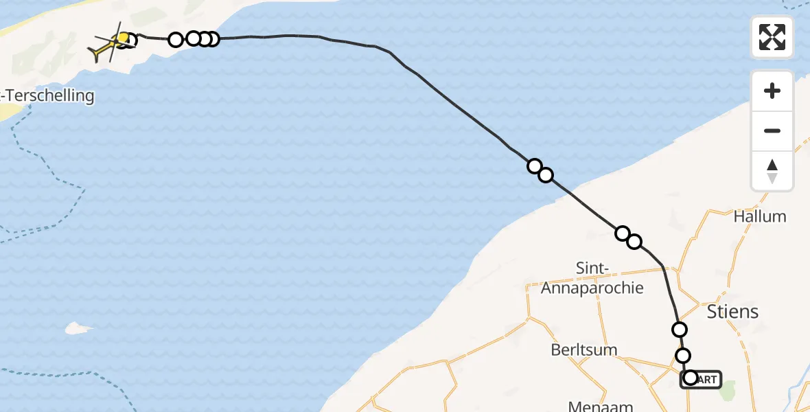 Routekaart van de vlucht: Ambulanceheli naar Midsland, Dyksterhuzen