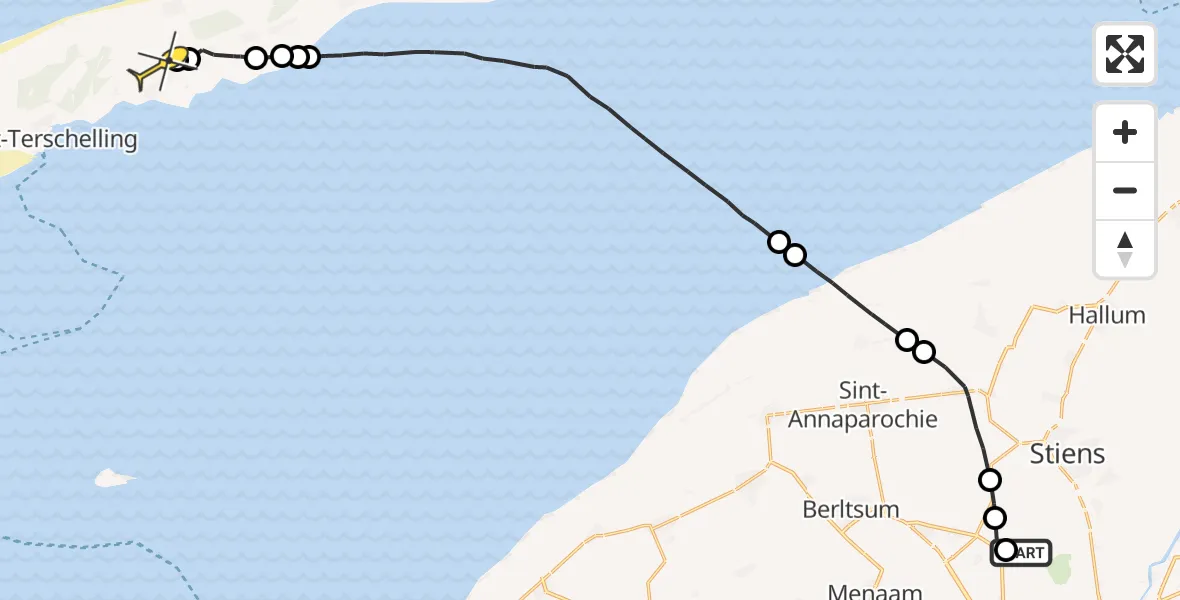 Routekaart van de vlucht: Ambulancehelikopter naar Midsland, Dyksterhuzen