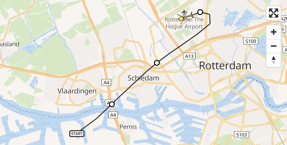 Routekaart van de vlucht: Lifeliner 2 naar Rotterdam The Hague Airport, Petroleumweg