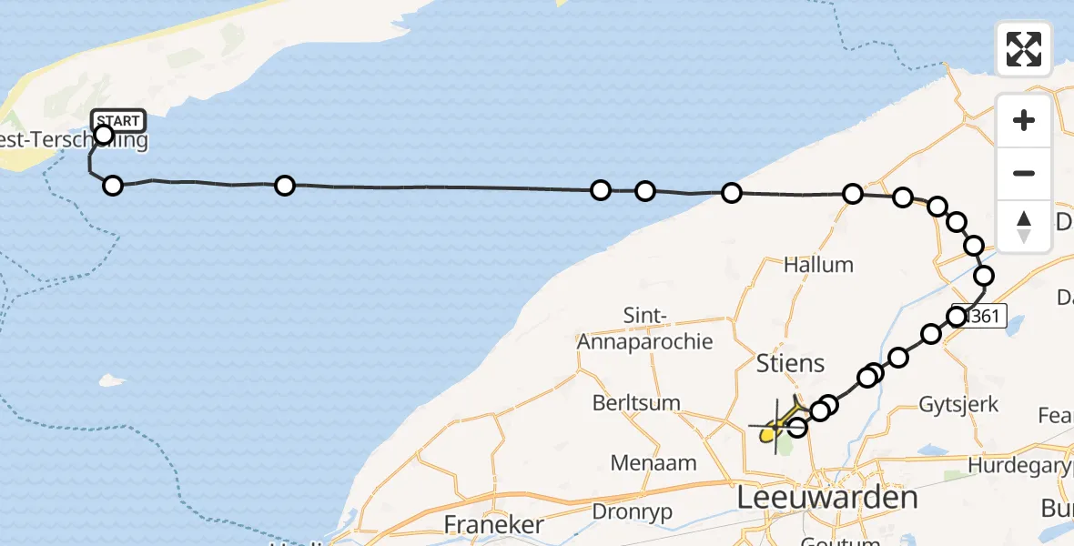 Routekaart van de vlucht: Ambulanceheli naar Vliegbasis Leeuwarden, Westerdijk
