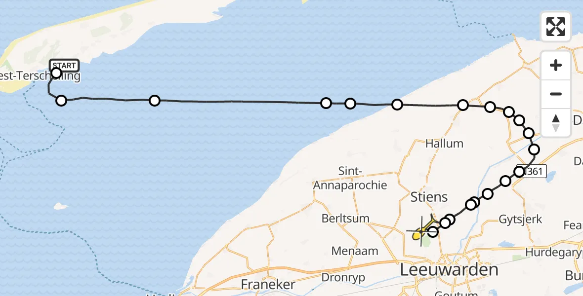 Routekaart van de vlucht: Ambulancehelikopter naar Vliegbasis Leeuwarden, Westerdijk