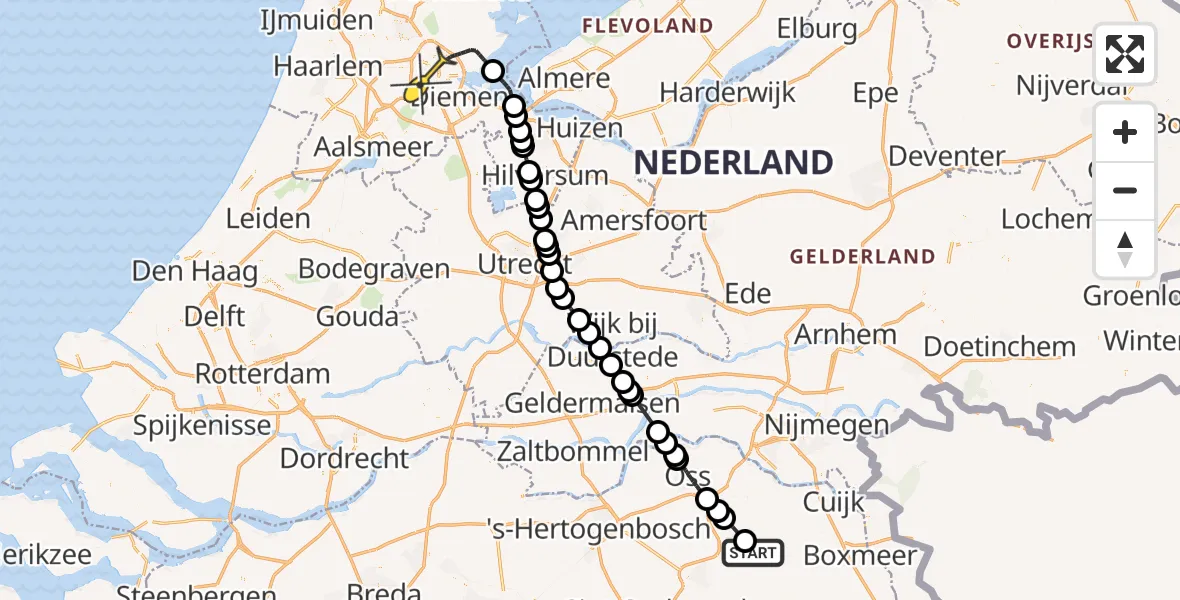 Vluchtroute Politiehelikopter van Vliegbasis Volkel naar Amsterdam