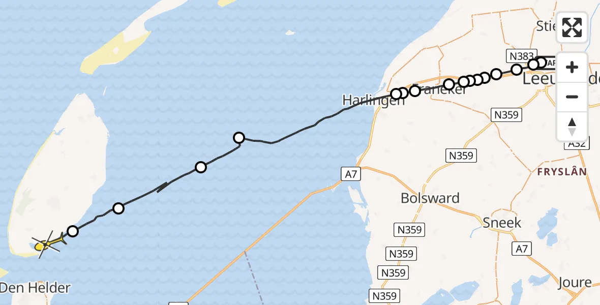 Routekaart van de vlucht: Ambulancehelikopter naar Den Hoorn, Sasker van Heringawei