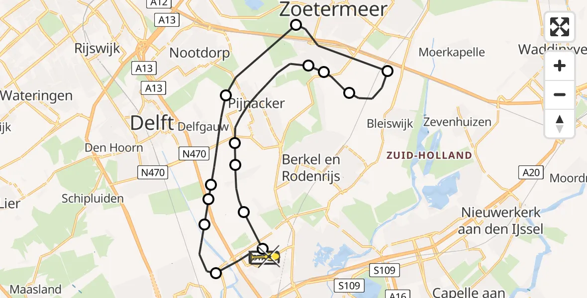 Routekaart van de vlucht: Politieheli naar Rotterdam The Hague Airport, Fairoaksbaan