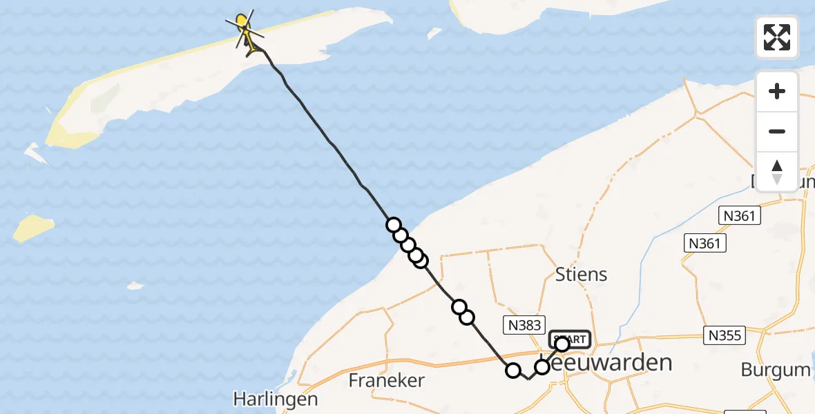 Routekaart van de vlucht: Ambulanceheli naar Oosterend, Waadseewei