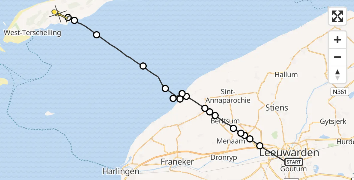 Routekaart van de vlucht: Ambulanceheli naar Midsland, Nijlân