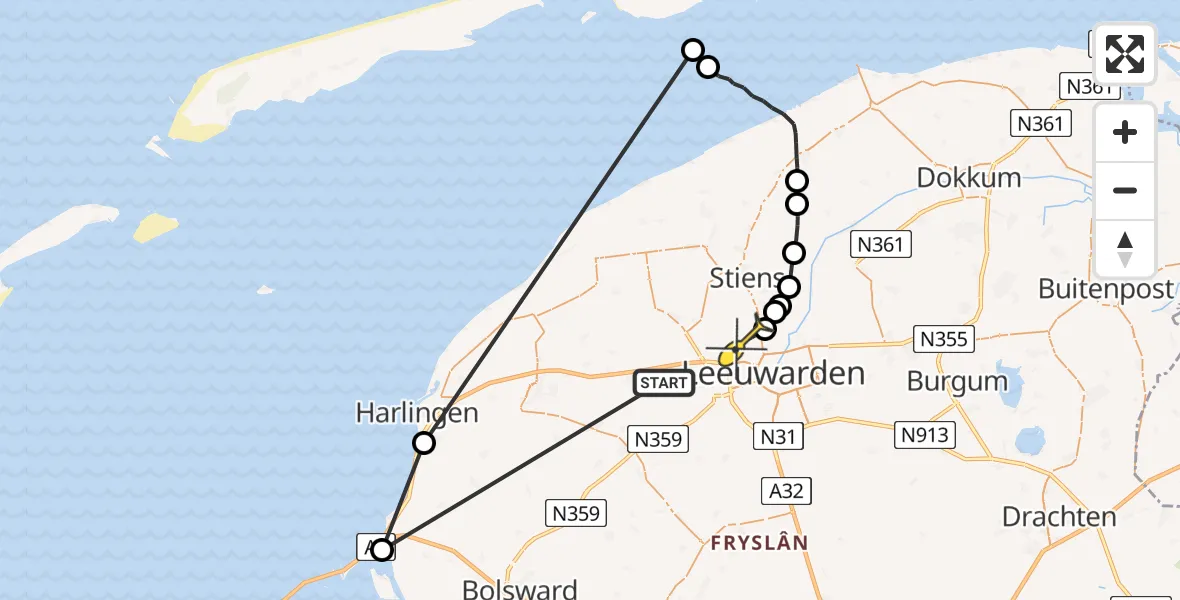 Routekaart van de vlucht: Ambulanceheli naar Vliegbasis Leeuwarden, Houwdijk